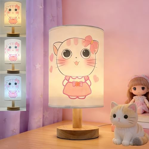 Pink Kitty Kids Table Lamp for Bedroom Girls Bedside Lamps 3 Colors Dimmable Nightstand Cat Night Light with Cartoon lampshade Desk Lamp for Girls Boys Room Nursery Decor,Kitty Gifts for Girl by Unknown