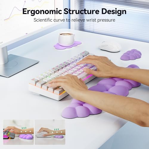 TECKNET Cloud Keyboard Wrist Rest Set, Cloud Wrist Rest with Non-Slip Base, PU Leather Wrist Pad for Keyboard with Ergonomic Memory Foam for Computer Laptop Office Gaming and Pain Relief, Purple - Image 2