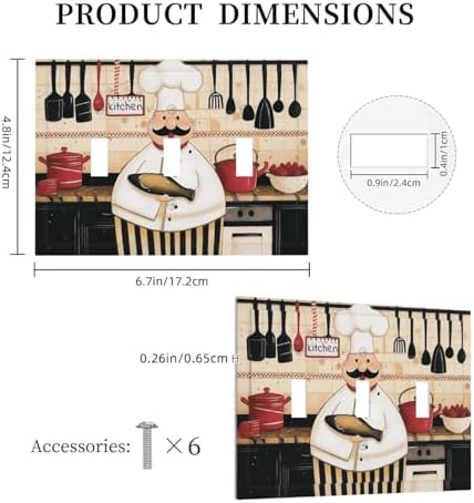 Decorative Light Switch Cover Plate Cartoon Fat Happy Chef Cook 3 Gang Wall Plate Triple Toggle Switch Plate Covers 3 Hole Electrical Switchplate Dimmer Faceplate for Farmhouse Kitchen Decor - Image 5