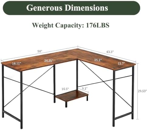 L Shaped Desk Computer Desk, 50inch Brown Gaming Desk with CPU Stand - Image 3