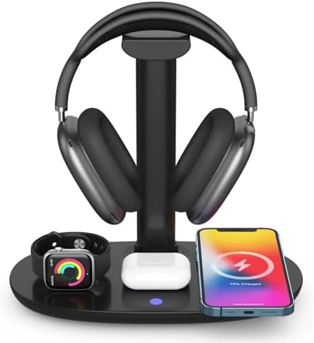 4 in 1 Wireless Charger with Headphone Stand Headset Holder & Station Dock for Apple Watch, AirPods Max/Pro/Pro 2/AirPods 4/ iPhone 16/15/14/13/12 LG, Samsung Galaxy by Be+Fox