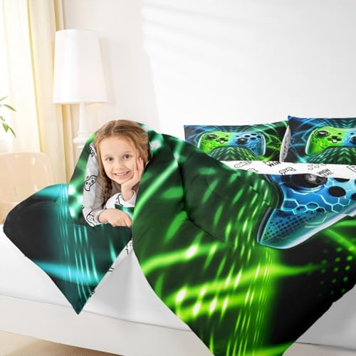 Feelyou Kids Boys Gamer Bedding Set Queen Size Gaming Comforter Set for Boys Girls Teens Blue Green Geometric Gamepad Duvet Quilt - Image 7