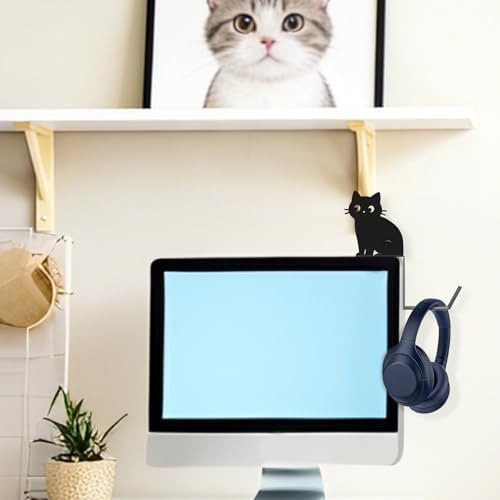 Metal Dog And Cat headphone holder for monitor, Sit cat, Black - Image 6