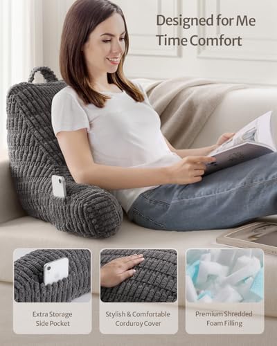 Blissful Diary Reading Pillow, Backrest Pillow with Shredded Memory Foam for Adult & Children, Designed for Bed and Couch Sitting Up, Includes Arms, Pockets and Washable Cover, Dark Gray - Image 2