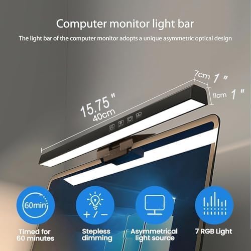 16" Flat Monitor Light Bar with RGB Backlight & 60-Min Timer, 3000-6000K Stepless Dimming, 0.3-0.8" Clamp for Office/Gaming, USB-C Eye Care Desk Lamp (Touch Control/Blue Light Filter) - Image 2