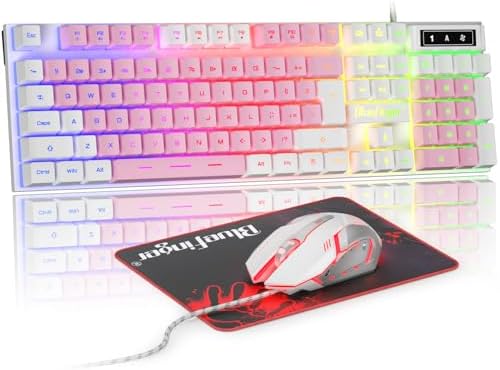 BlueFinger RGB Gaming Keyboard and Backlit Mouse Combo, USB Wired, LED Gaming Set for Laptop PC Computer Game and Work (White & Pink) by BlueFinger