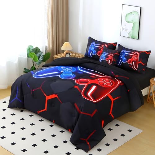 6 Pieces Full Size Kids Comforer Set for Boys Blue and Red Gaming Bedding Set 3D Honeycomb Gamer Bed in a Bag Game Console Printed Teen Boy Bed Comforter Sheet Set (Blue Red, Full) - Image 2