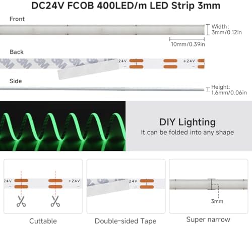 BTF-LIGHTING UL Listed Green Color 3mm Width FCOB COB LED Strip Light - Image 4
