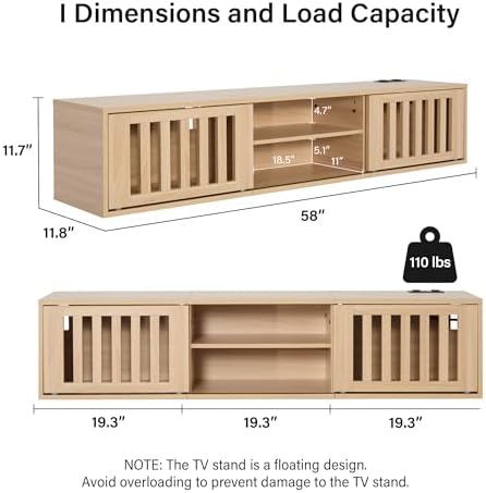 59" Floating TV Stand Wall Mounted with Power Outlet, Natural - Image 2