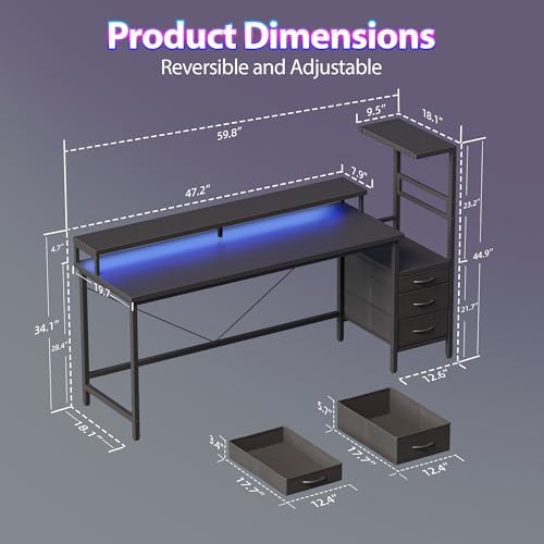 60" Reversible Gaming Desk with Drawers, Large Computer Desk, Black - Image 2