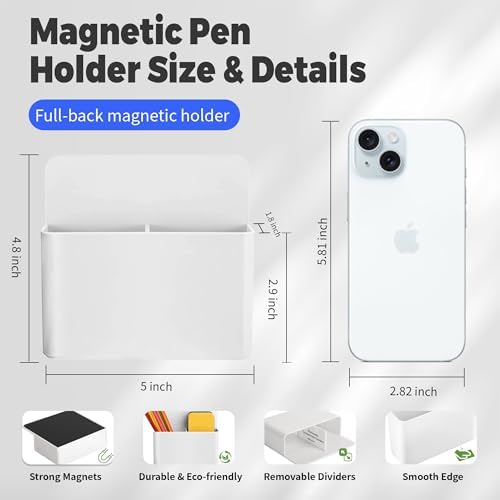 2 Pack Magnetic Pen Holder for Refrigerator & Whiteboard, Full-Back Magnet Dry Erase Marker Holder with Adjustable Divider, Magnetic Marker Holder for White Board Office Desk Locker Accessories, White - Image 2
