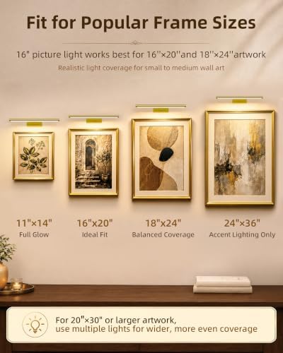 EZVALO Picture Light for Wall, 4800mAh Rechargeable Wireless Remote, 16‘’ Dimmable Magnetic LED Art Display Light with 3 Color Temperatures, for Gallery, Living Room, Bedroom, Hallway (Gold) - Image 4