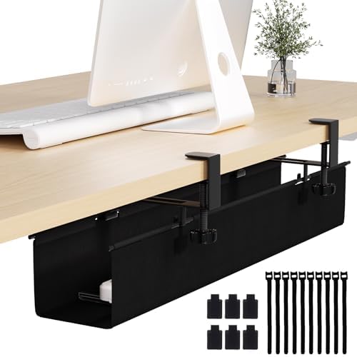 Under Desk Cable Management Tray 27.2" - No Drill Computer Wire Organizer Cable Tray, Cord Hider Clamp Mount with 16X Cable Ties PC Cables Management Cord Holder for Office/Home (Upgrade Fabric,Black) by JOLENSOY