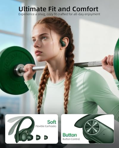 PocBuds Bluetooth Headphones Wireless Earbuds 80hrs Playtime Wireless Charging Case Digital Display Sports Ear Buds with Earhook Deep Bass IPX7 Waterproof Over-Ear Earphones for TV Phone Laptop Olive - Image 6