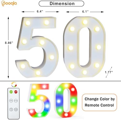 Pooqla 50th Birthday Decoration for Her Him, Decorative LED Light Up Numbers, Marquee Numbers 50 Sign for Party Backdrop 50th Wedding Anniversary Decor Gift, Warm White and Colorful Number 50 - Image 3