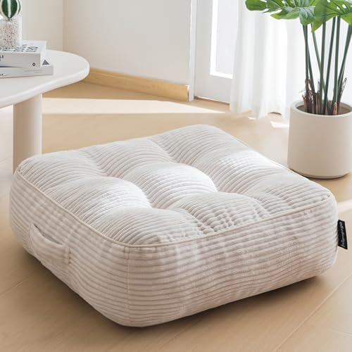 HIGOGOGO 8" Extra Thick Floor Pillow Cushion for Adults, Meditation Cushion Pillow, Large Square Floor Sitting, Tufted Corduroy Cover, for Tatami Living Room or Yoga, 22x22 Inch, Beige by HIGOGOGO