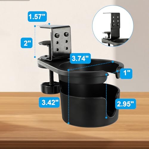 Upgraded Deeper Desk Cup Holder with 360° Rotation, Clamp Mount Design, Metal Office & PC Gaming Desk Accessories,Hidden Adjustable Drink Holder for Arm Chair,Coffee Cup - Image 3