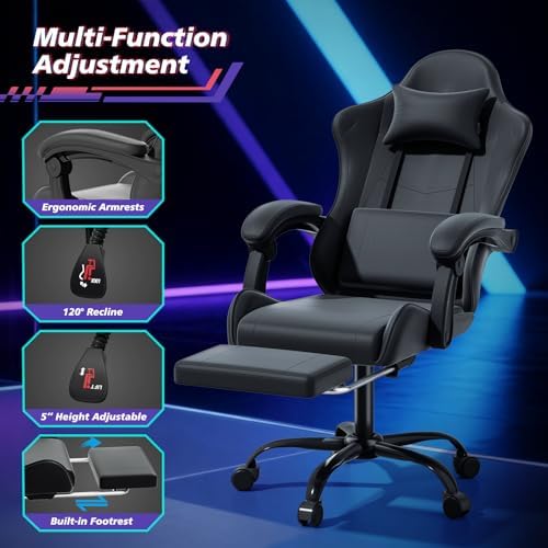 Magshion Video Gaming Computer Chair with Footrest, Black | Ergonomic, Lumbar Support, Adjustable Height, Racing Style, High Back Recliner, Comfy Leather, Swivel Seat, for Home Office - Image 6