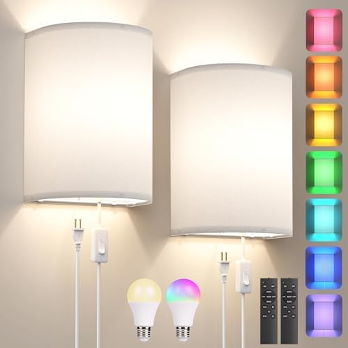 Plug in Wall Sconces Set of Two: Wall Lights with 7 RGB Colors - 3 Color Temperature Wall Mount Lamps with Remote - Fabric Linen Wall Sconc for Bedroom Living Room & Hallway- Indoor Corded Wall Sconce by Yunaking