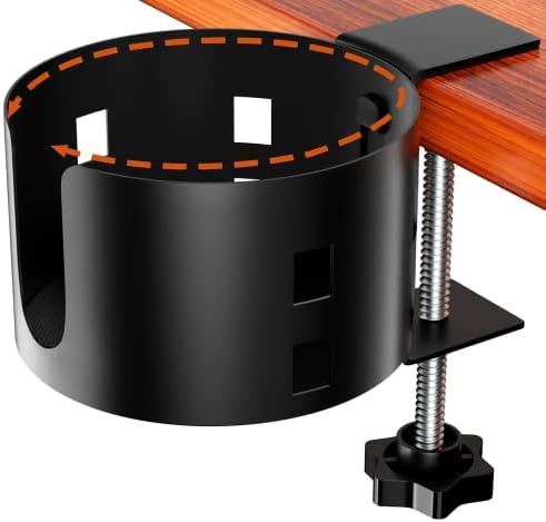 Upgraded Large Desk Cup Holder Clamp, OOKUU Anti-Spill Table Cup Holder, Metal Office & PC Gaming Desk Accessories, Compatible with Universal Cup, Bottles, Pencil Holder (Black) by OOKUU