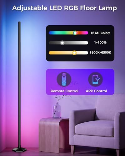 Corner LED RGB Floor Lamp, Smart Dimmable Corner Light with Music Sync, Color Changing Ambient Lighting with App and Remote Control, for Bedroom, Living Room Gaming Room - Image 2