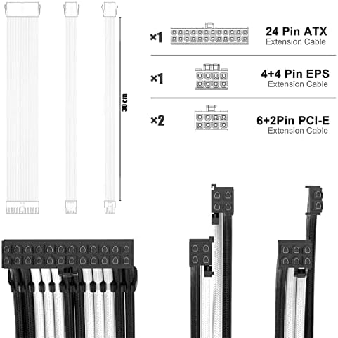 PSU Cable Extension Kit with Two Sets of Cable Combs 1x24Pin/1x8Pin(4+4) EPS/2x8Pin(6P+2P) PCI-E/ 30CM Length,PC Sleeved Cable for ATX Power Supply(Black/White) - Image 3