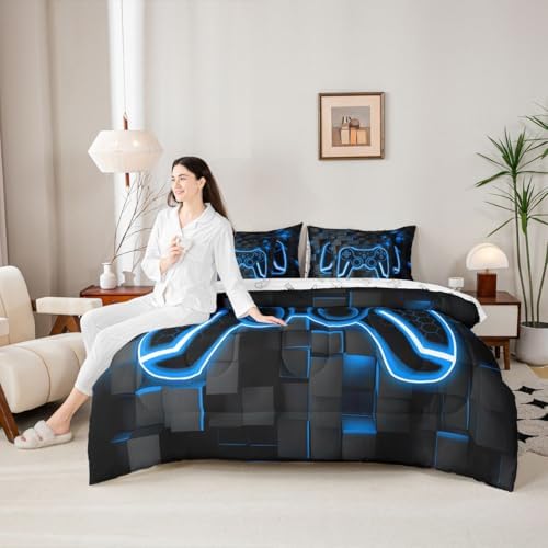 Feelyou Kids Gamer Queen Comforter Set with Sheets Gaming Bedding Set 7 piece for Boys Bedroom Decor Lighting Honeycomb Game Controller Bed in a Bag Blue and Black Geometric Bed Set - Image 6