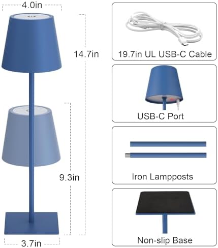 Kakanuo Cordless Rechargeable Table Lamp Navy 5000mAh Battery Operated Lamps, 3 Colors Stepless Dimming Touch Lamp for Living Room, Kitchen Counter, Dining, Outdoor Patio, 2 Pack - Image 5