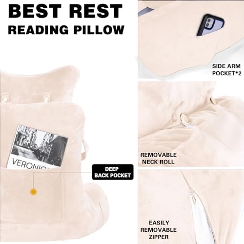 SLIGUY Reading Pillow-Bed Rest Pillow with Detachable Neck Roll & Higher Support Arm for Sitting in Bed Couch or Floor-Backrest Reading Pillow Adult Back Pillow for Reading/Watching TV/Gaming,Beige - Image 3