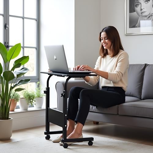 TV Tray Bed Side Table, Portable Rolling Desk Hospital Bed Laptop Table, Small Standing Desk with Wheels Adjustable Height for Sofa, Bedside, Tablet Use, Secure Non Tilt, 23.6" W, Black - Image 2