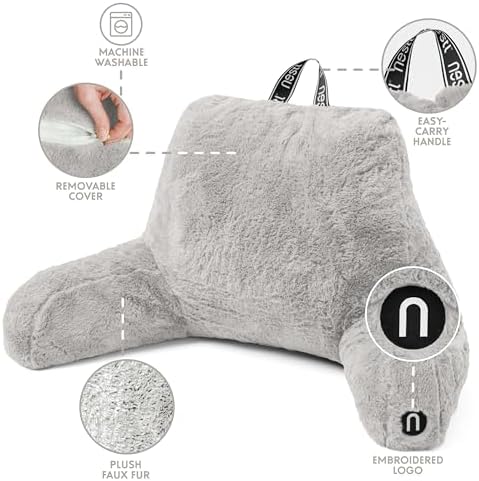 Nestl Fur Reading Pillow, Stylish Back Pillow for Bed Sitting Up, Faux Fur Bed Chair Pillow with Arms, Reading Pillows for Sitting in Bed Adult & Kids, Back Support Pillow for Bed Rest - Light Grey - Image 4