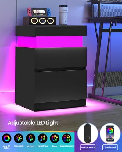 VASAGLE Black Nightstands, Charging Station, LED Lights,2 Drawers - Image 5