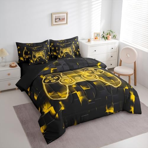 Erosebridal Gaming Comforter Sets for Boys, Video Games Bedding Set 7-Piece King Size | Modern Gamer Sheet Sets with Comforter Teens Gamepad Ombre Square Bed in A Bag, Yellow - Image 3