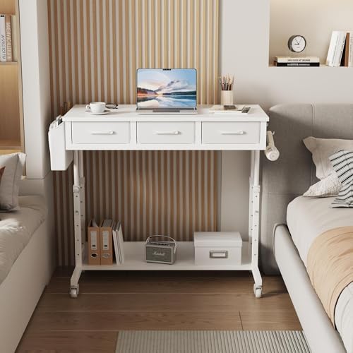 White Portable Rolling Computer Desk - 40 Inch Adjustable Mobile Standing Teacher Desks with 3 Fabric Drawers on Wheels, Couch Sofa Side Laptop Stand Up Table with Storage for Home Office, White - Image 5