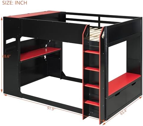 Merax Full Size Wood Loft Bed with Height-Adjustable Desk,Drawers,Storage Compartments,Hanging Rod and RGB Lights,Red - Image 2