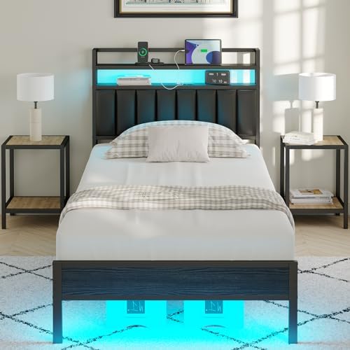 Twin Size Bed Frame with Upholstered Headboard and 2-Tier Storage Shelves by CollaredEagle