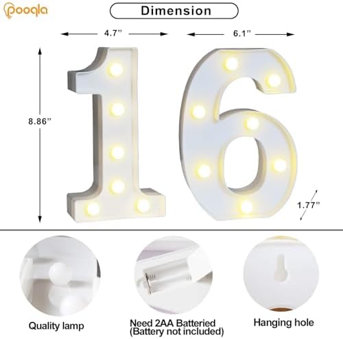 Pooqla 16th Birthday Decoration for Girls Boys, Decorative LED Light Up Numbers, Marquee Numbers 16 Sign for Teen Party Backdrop 16th Wedding Anniversary Decor, Warm White and Cool White Number 16 - Image 5
