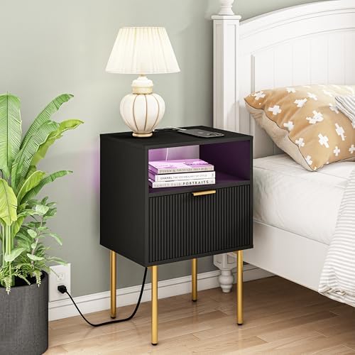 Modern Nightstand with Charging Station and LED Lights, Black Nightstand with Drawer, Fluted Nightstand for Living Room, Bedroom - Image 3
