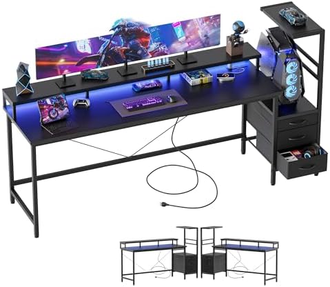 68" Reversible Gaming Desk with Drawers, Large Computer Desk, Black by MERICONIA