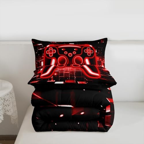 Erosebridal Gamer Comforter Set Gaming King Bedding Set, Neon Lights Game Boy Games Comforter Red Brick Cube Duvet Insert,Gaming Room Decor - Image 7