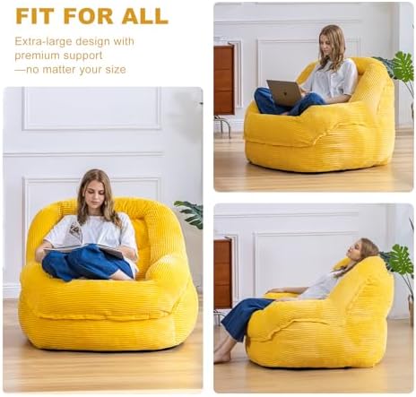 Giant Bean Bag Chair for Adults, Oversized Floor Lounge Chair with Armrests | Corn Yellow, soft corduroy and resilient foam for living rooms, bedrooms, reading nooks, gaming rooms, movie nights, and pets - Image 5