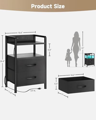 Lazzanto Nightstand with Rear Charging Station, LED Light, 2 Drawers, Black - Image 3