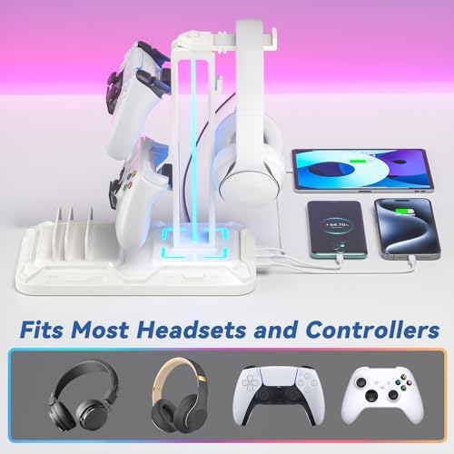 KDD Headset Stand with Charging Station - Detachable Controller Holder with 9 Light Modes - Rotatable Headphone Hanger with USB A&C Charger Ports - Earphone Hook for PC Gaming Accessories Storage - Image 6