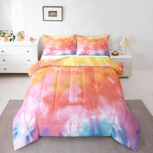 Girls Tie Dye Comforter Set with Pillowcase Trippy Bedding Boho Hippie Psychedelic Gypsy Down Comforter Twin Kids Bed Sets Soft Machine Washable Pastel Duvet Quilt Set, Orange Yellow Pink Purple Blue by Erosebridal