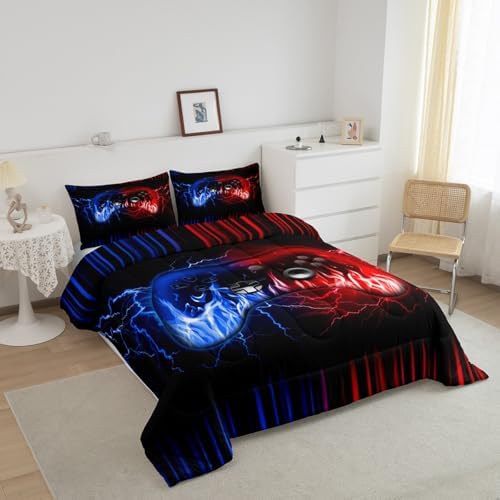 Feelyou Kids 3D Video Game Contoller Comforter Set,Gamer Bedding Set Toddler Size for Boys Teens Bedroom Room Decor,Game Gaming Comforter,Geometric Lightnings Blue Red Gaming Bed Set - Image 2