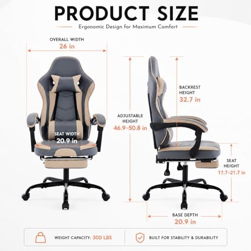 Gaming Desk Chair for Adults, Ergonomic Gaming Chair (Beige+Blue) | with Footrest & Headrest and Lumbar Support, Leather Material Height Adjustable computer Video Game Chairs - Image 2