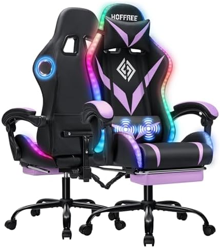 Gaming Chair with Bluetooth Speakers RGB LED Lights Computer Chair-Purple | Ergonomic Massage Game Chair with Footrest & Lumbar Support High Back Video Game Chair for Adults Racing Style by Vanspace