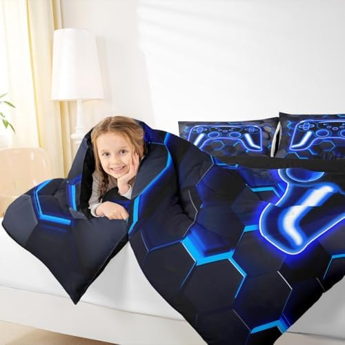 Erosebridal Gaming Comforter Set Neon Honeycomb Gamer Girl Toddler Bedding Set, Retro Game Console Comforter Blue Hexagon Lights Quilt,Gamer Room Decor for Boys - Image 5
