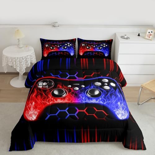 Erosebridal Ombre Art Honeycomb Gaming Consoles Bedding Set Red Blue Neon Lights Game Consoles Toddler Bedding Sets for Boys Geometry Hexagon Beehive Duvet Insert Gamer Room Decor for Boys - Image 6
