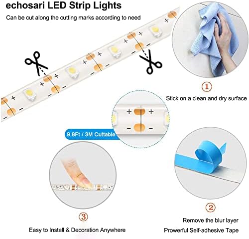echosari Blue Led Strip Lights Waterproof Battery Operated with Remote, 8 Modes, Dimmable, Timer, Self-Adhesive, Cuttable, 3M 90Led Battery Strip Led Light for Indoor Outdoor Decor (Pack of 3) - Image 6